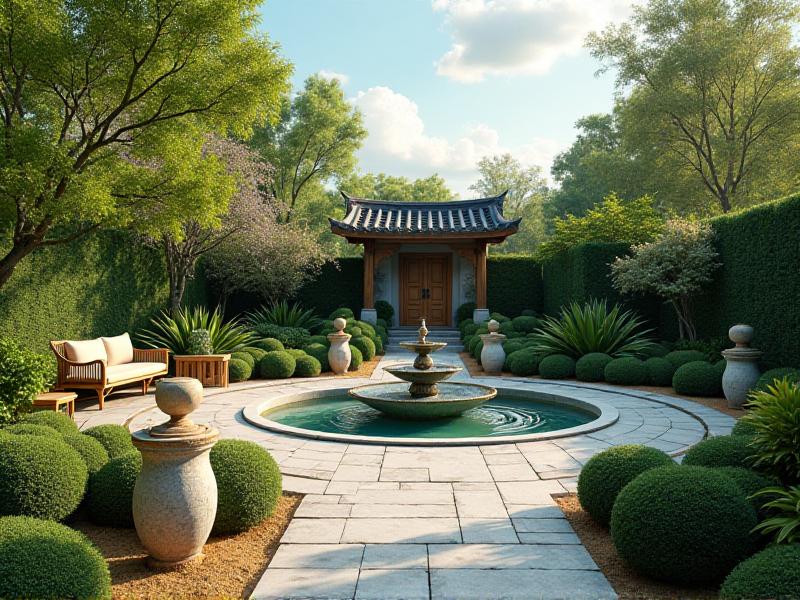 A harmonious garden designed with Feng Shui principles, featuring a variety of lush plants, a gently curving stone pathway, a small water fountain, and a cozy seating area surrounded by natural beauty to promote a balanced flow of energy.