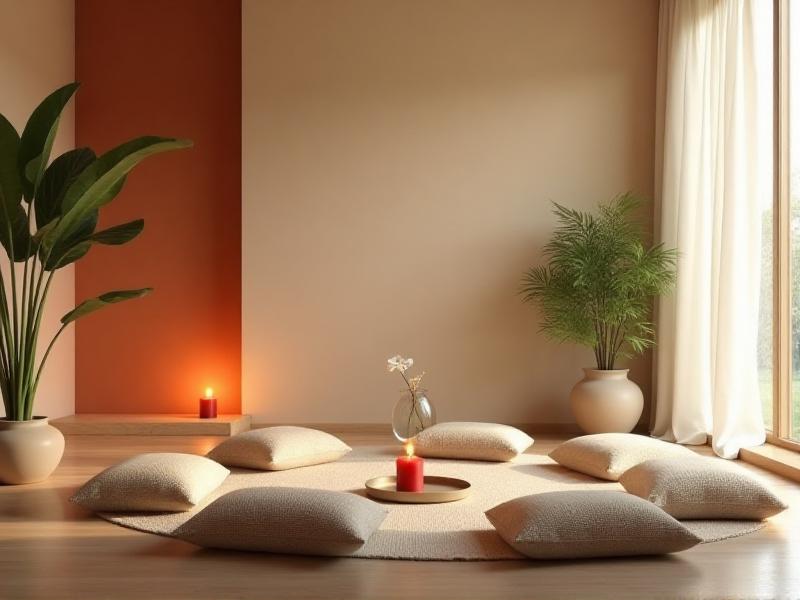 A serene meditation room showcasing the five Feng Shui elements through color: green plants (Wood), a red candle (Fire), beige cushions (Earth), a white vase (Metal), and a blue water feature (Water). The room exudes tranquility and balance.