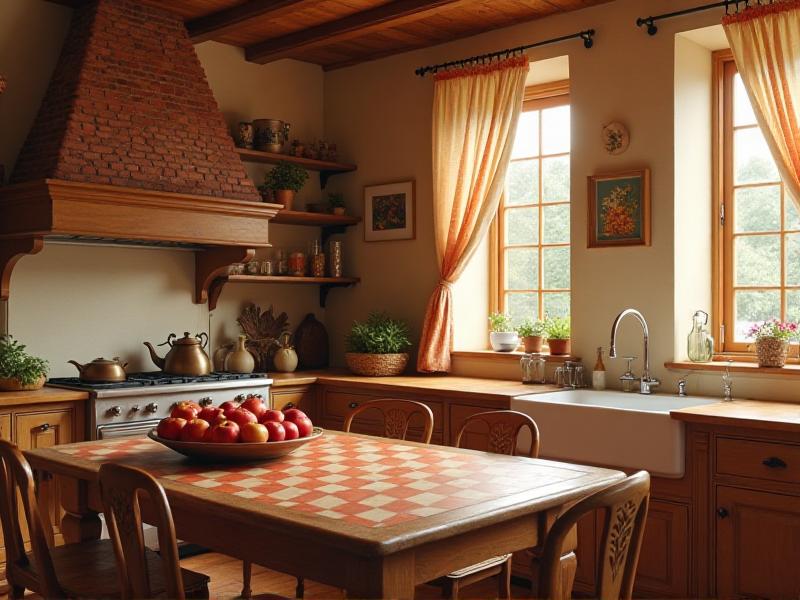 A warm and inviting kitchen with earthy tones of beige and brown, accented with touches of red in the form of a tea kettle and a bowl of apples. The space feels grounded and nourishing, with natural light streaming in through the windows.