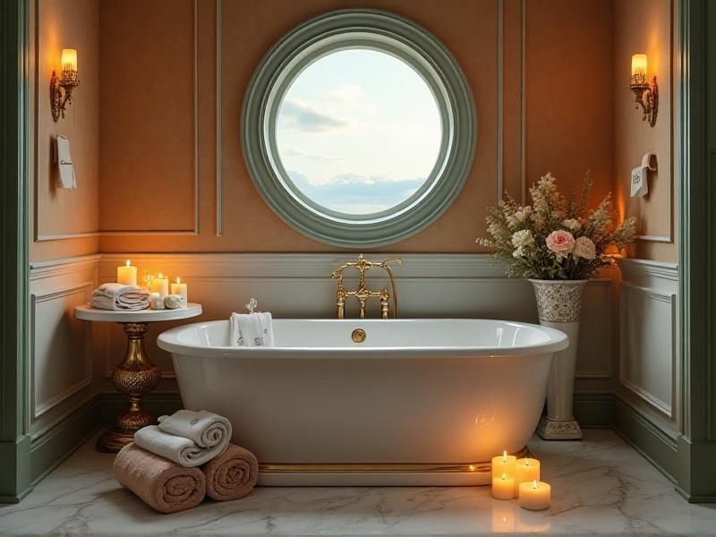 A luxurious bathroom with a freestanding bathtub, surrounded by candles and soft towels. A small tabletop fountain adds the soothing sound of flowing water, creating a serene and relaxing atmosphere.