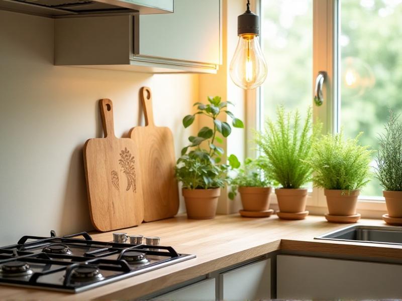 A bright and airy kitchen designed with Feng Shui principles, featuring a well-maintained stove, wooden cutting boards, a small herb garden on the windowsill, and plenty of natural light to promote health and prosperity.