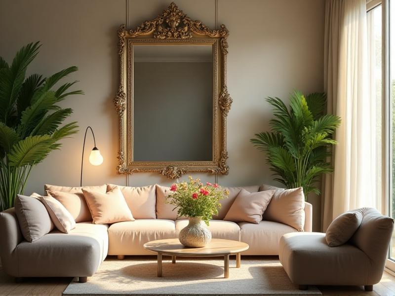 A serene living room with a large, ornate mirror reflecting natural light from a window, surrounded by lush green plants and soft, neutral-colored furniture. The mirror amplifies the room's brightness and creates a sense of spaciousness, embodying the principles of Feng Shui.