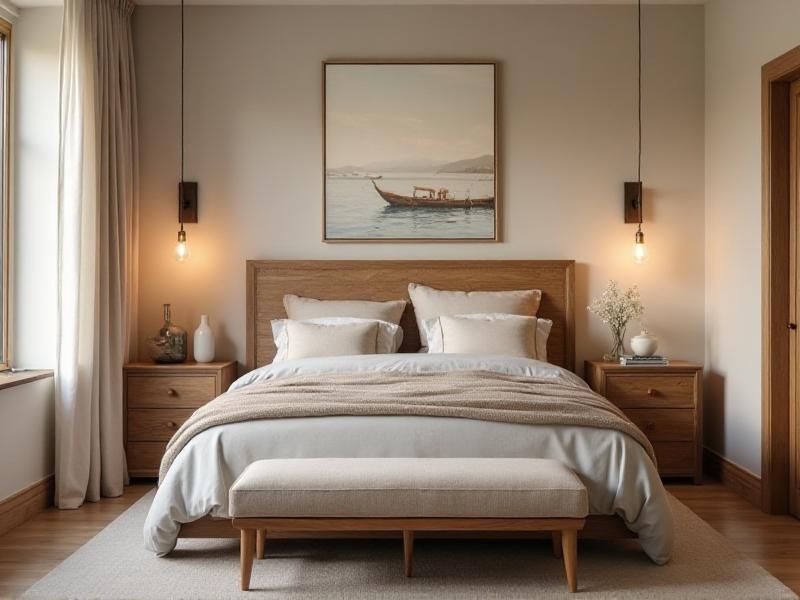 A tranquil bedroom with a queen-sized bed placed in the command position, featuring a solid wooden headboard and soft, neutral bedding. The room is adorned with soft lighting, a pair of matching nightstands, and a large window with flowing curtains, creating a peaceful and balanced atmosphere.