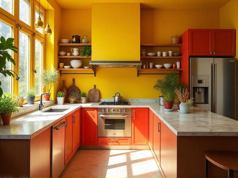 A vibrant kitchen with yellow walls and red accents, creating a lively and energetic atmosphere. The room is well-lit with natural light, and the colors are balanced with neutral countertops and wooden cabinets.