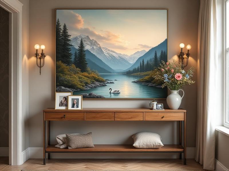 A cozy entryway with a large landscape painting hanging above a wooden console table. The painting features a serene mountain scene with soft, natural colors. A small collection of family photos sits on the table, along with a vase of fresh flowers. The overall mood is warm and personal, with a focus on connection and inspiration.