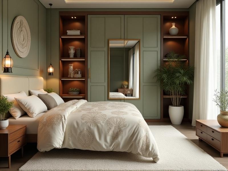 A bedroom with a mirror placed on the inside of a closet door, avoiding direct reflection of the bed, illustrating the proper use of mirrors in Feng Shui for better sleep.