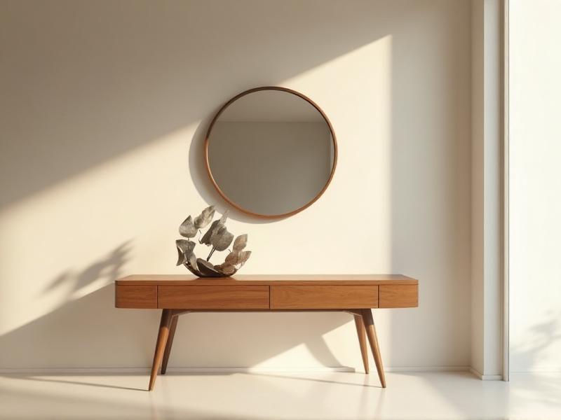 A minimalist room with a round mirror hanging above a wooden console table. The mirror reflects a metal sculpture on the table, creating a harmonious balance between the wood and metal elements. The room's neutral color palette enhances the sense of balance and tranquility.