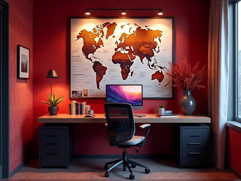 A home office designed for an achiever, featuring bold red and purple accents, a vision board filled with goals and aspirations, and a map on the wall. The space feels energized and focused, perfectly embodying the principles of Feng Shui for enhancing fame and reputation.