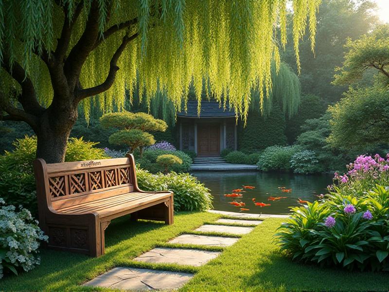 A peaceful outdoor space with a wooden bench, a small pond with koi fish, and a variety of plants and flowers. The scene captures the essence of Feng Shui, with a focus on natural elements, balance, and harmony, creating a tranquil and inviting atmosphere.