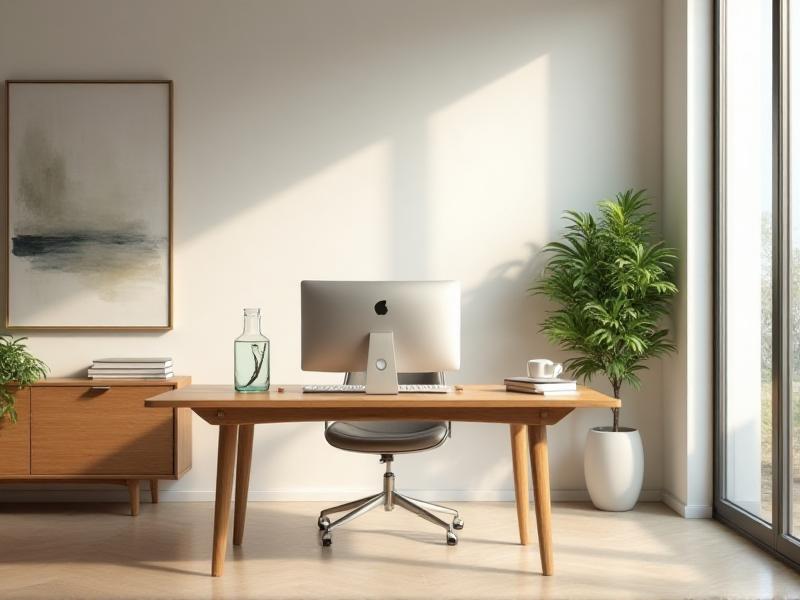 A minimalist home office with a wooden desk positioned in the command position, facing the door. The room features a small indoor plant, a glass water feature, and soft, natural lighting, creating a calm and balanced atmosphere.