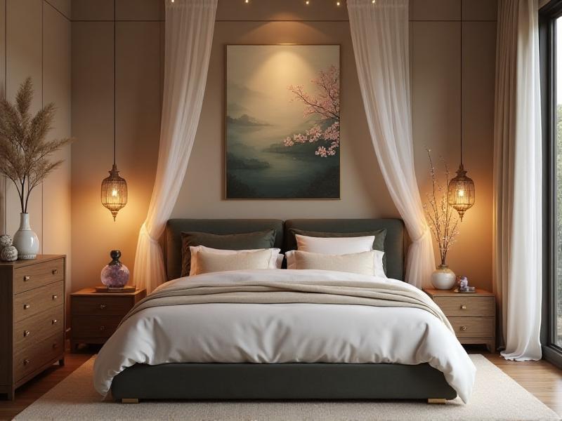 A bedroom adorned with Feng Shui symbols, including a pair of mandarin ducks placed on a nightstand, a small amethyst crystal on the dresser, and a statue of a guardian animal near the door. The room is decorated in soft, calming colors, with natural materials and textures creating a harmonious environment. The overall atmosphere is peaceful and protective, promoting a sense of well-being and restful sleep.