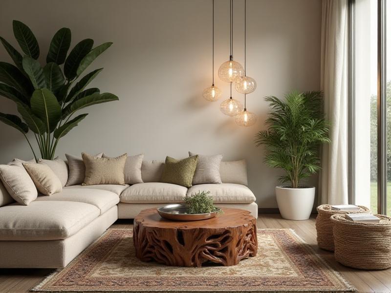 A living room that incorporates natural elements to create a balanced and harmonious environment. The room features a wooden coffee table, a potted plant in the corner, and a soft area rug with earthy tones. A few metallic accents, such as a lamp with a silver base and a decorative bowl, add a touch of clarity and precision. The room is illuminated by soft, warm lighting, creating a cozy and inviting atmosphere.