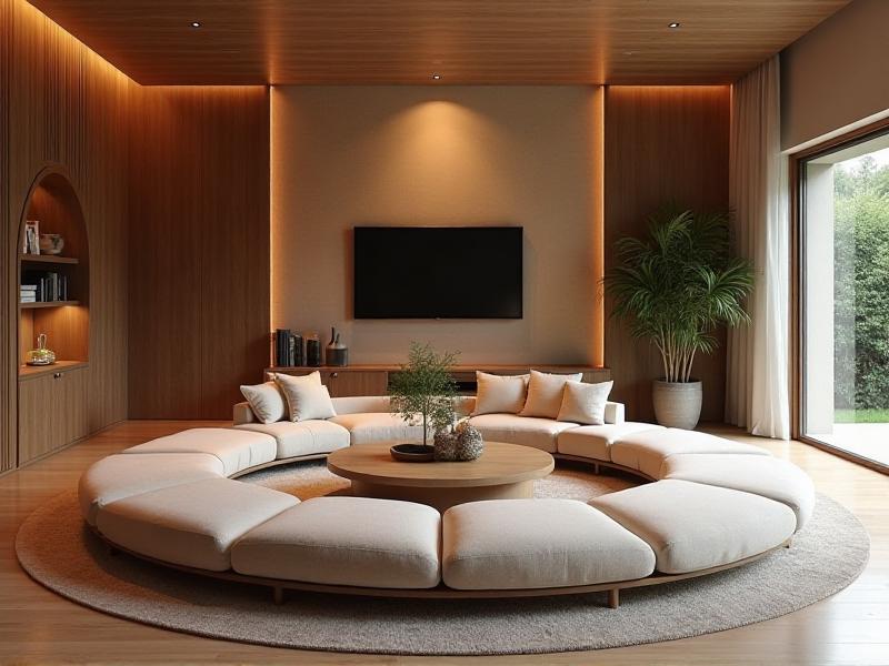 A well-arranged living room with a circular seating arrangement, featuring a comfortable sofa, armchairs, and a coffee table. The furniture is positioned to promote conversation and the free flow of energy, creating a harmonious and inviting space.