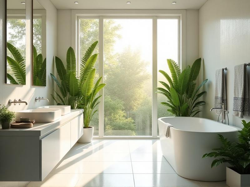 A bathroom with large windows allowing sunlight to flood the space, highlighting the white tiles and green plants. The room feels open and airy, with a sense of freshness and vitality.