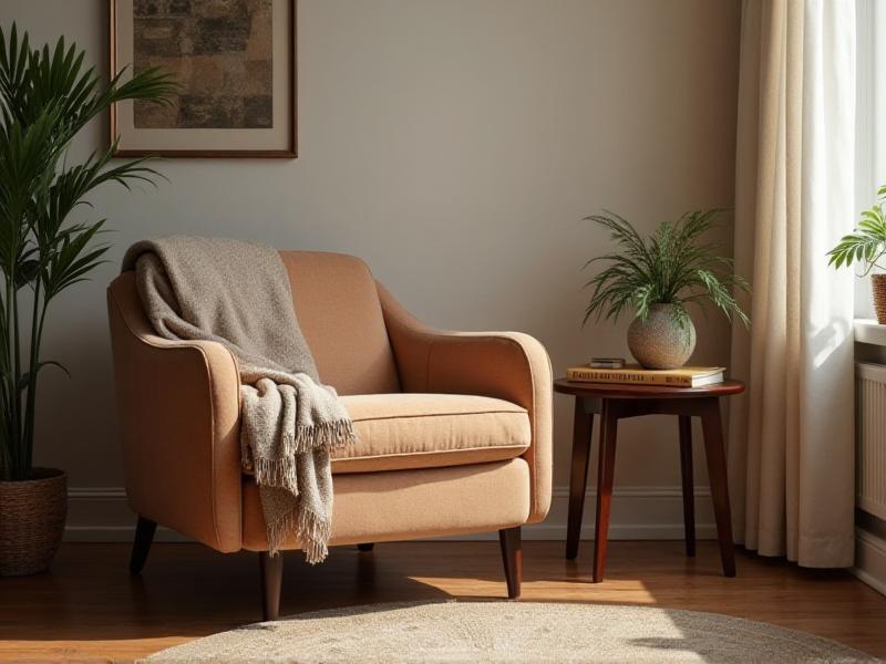 A home office with a designated relaxation area featuring a comfortable armchair, a small side table with a book, and a soft throw blanket, creating a peaceful retreat within the workspace.