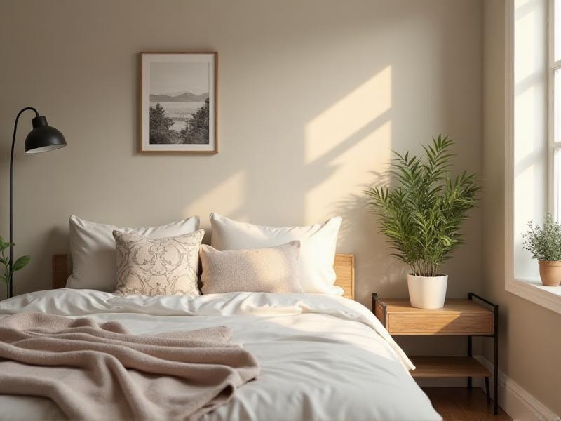 A cozy bedroom with a neatly made bed, a small potted plant on the nightstand, and a few carefully chosen decorative items. The room is simple yet inviting, with a focus on creating a peaceful and harmonious atmosphere without the need for expensive decorations.