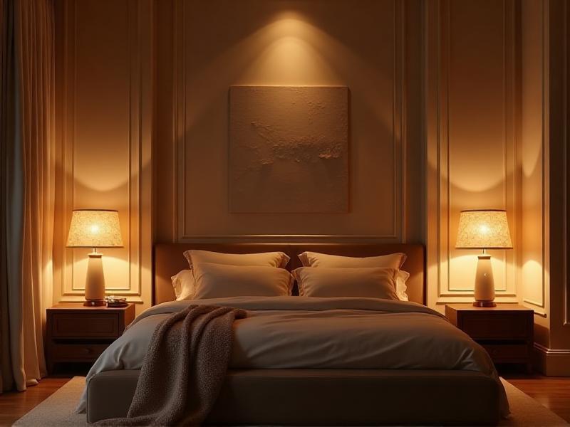 A bedroom with warm, ambient lighting provided by a combination of table lamps and a dimmable overhead light. The lamps have soft, diffused shades that create a cozy glow, and the room is free of harsh, bright lights. Blackout curtains are drawn over the windows, blocking out external light and creating a dark, peaceful environment. The overall atmosphere is calm and soothing, perfect for promoting restful sleep.