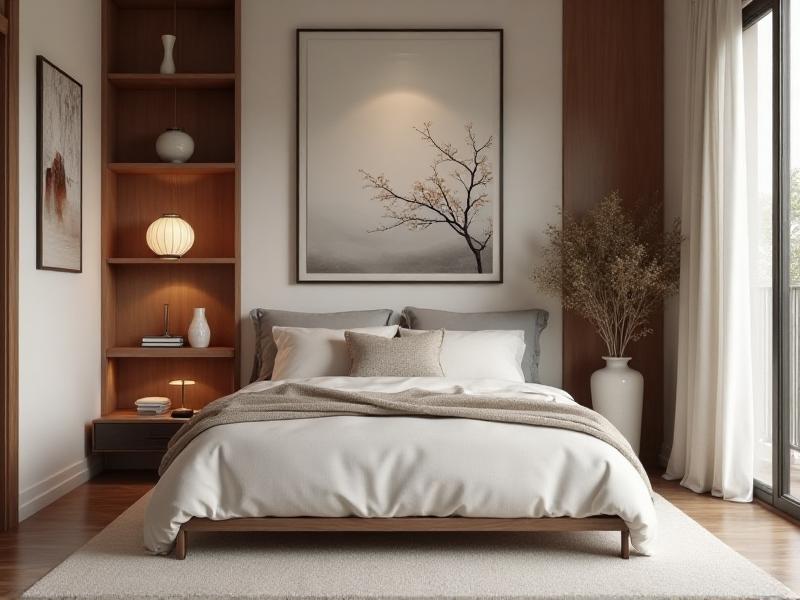 A serene bedroom with a bed positioned to face the door but not directly in line with it. The room is decorated in soft, neutral tones, with a plush rug, calming artwork, and minimal clutter. The space exudes tranquility, perfectly embodying the principles of Feng Shui for rest and rejuvenation.