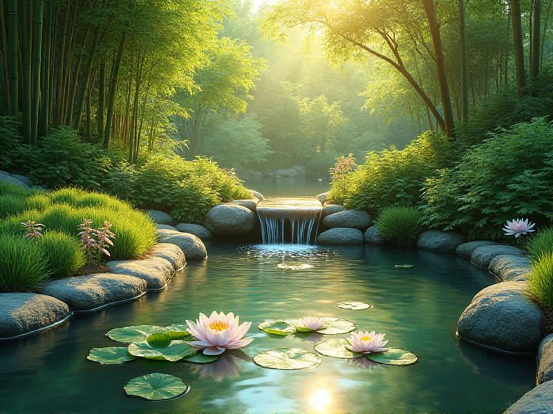 A tranquil garden with a small, curved pond surrounded by smooth stones and lush greenery. Water lilies float on the surface of the pond, and a gentle waterfall cascades into the water, creating a soothing sound. The sunlight reflects off the water, adding a sense of serenity and abundance to the scene.