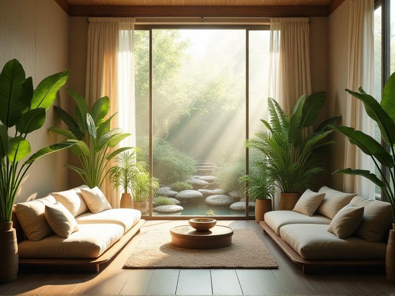 A tranquil sanctuary designed with Feng Shui principles, featuring a harmonious blend of natural elements, calming colors, and balanced energy. The room is filled with soft light, comfortable seating, and a variety of plants, creating a space that feels both grounding and uplifting. The overall atmosphere is one of peace and clarity, perfect for mental and emotional well-being.