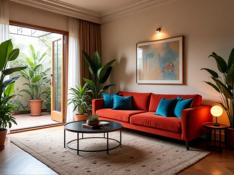 A vibrant living room with a mix of warm and cool colors, featuring a red sofa, blue accent pillows, and green plants. The room is illuminated by soft lighting, creating a balanced and inviting atmosphere.