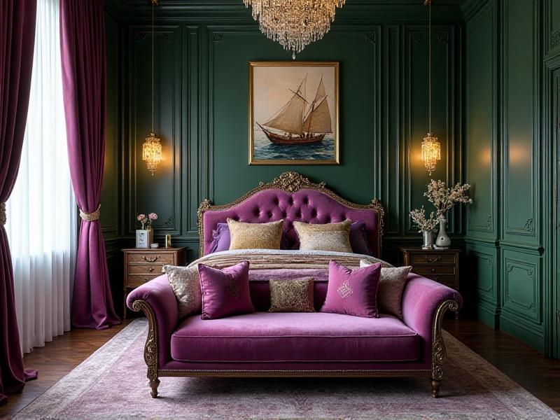 A luxurious bedroom featuring a rich palette of purple, green, and gold, with plush velvet curtains, a golden throw pillow, and a green accent wall, all harmoniously combined to attract wealth and prosperity.