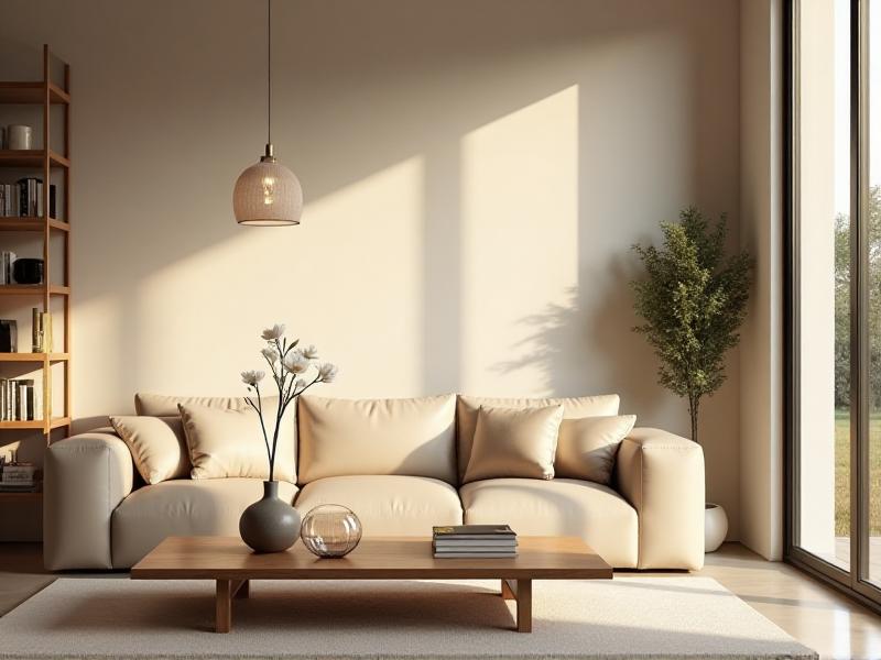 A serene, minimalist living room with a neutral color palette, featuring a cozy beige sofa, a wooden coffee table, and a few carefully placed decorative items. Soft natural light streams through large windows, creating a warm and inviting atmosphere.