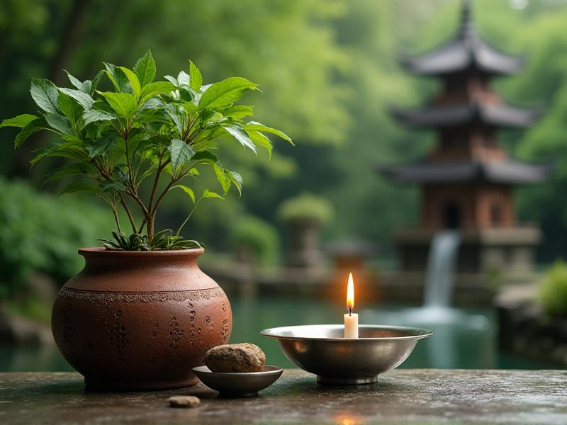 A vibrant illustration of the five Feng Shui elements: Wood represented by a lush green plant, Fire by a glowing candle, Earth by a clay pot, Metal by a shiny silver bowl, and Water by a flowing fountain. The image captures the essence of balance and harmony between the elements.