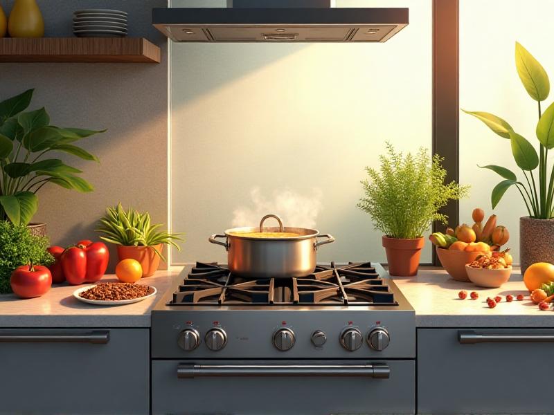 A clean and well-maintained stove in a modern kitchen, positioned so that the cook has a clear view of the entrance. The stove is surrounded by fresh ingredients, symbolizing nourishment and abundance, with a pot of soup simmering on one of the burners.