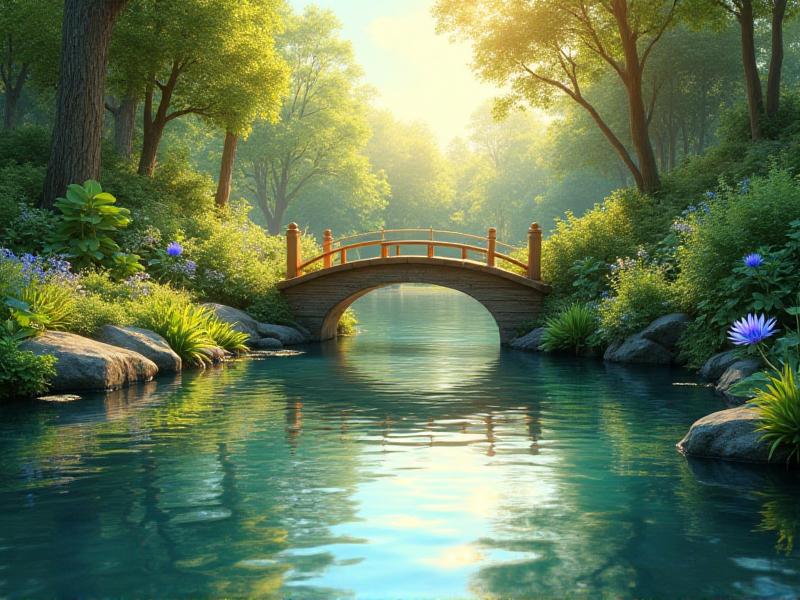 A serene garden pond with clear, flowing water, surrounded by lush plants and a small wooden bridge. The sunlight reflects off the water, creating a shimmering effect and a peaceful, balanced atmosphere.