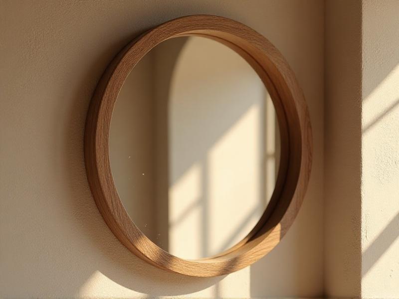 A close-up of a round, wooden-framed mirror hanging on a textured beige wall. The mirror's natural wood frame complements the earthy tones of the room, creating a warm and inviting atmosphere. The round shape of the mirror adds a soft, harmonious energy to the space.