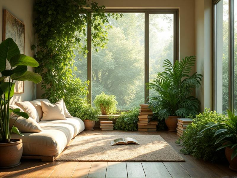 A bright, airy room with large windows letting in natural light, filled with green plants and a comfortable reading nook. The space is designed to promote relaxation and focus, with a clear connection to nature and a sense of openness.