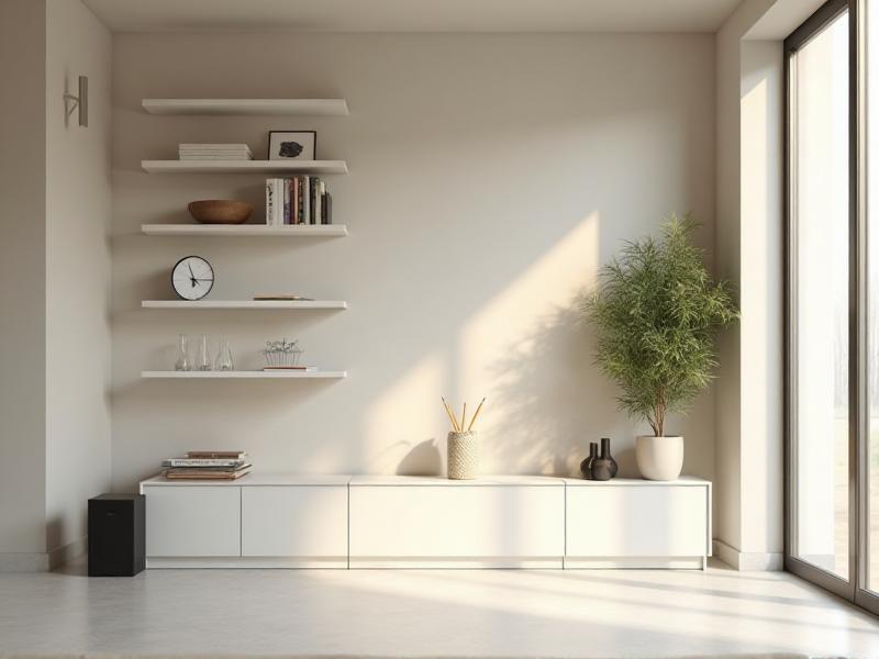 A minimalist living room with clean lines, open shelving, and a neutral color palette. The space is free of clutter, with only a few carefully chosen decor items, creating a sense of calm and order.