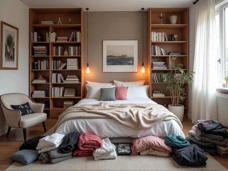 A before-and-after image of a bedroom undergoing a Feng Shui-inspired decluttering process. The 'before' side shows a cluttered room with clothes and books scattered everywhere, while the 'after' side reveals a clean, organized space with minimal decor and a sense of tranquility.