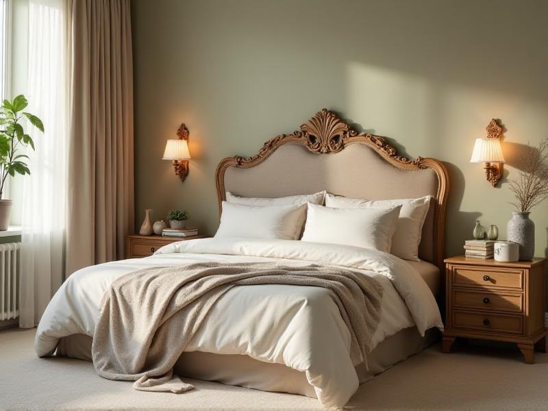 A serene bedroom with a calming color palette of soft neutrals and pastels. The bed is placed in the commanding position with a solid headboard, and nightstands on either side create balance. Soft lighting and natural materials enhance the relaxing atmosphere, promoting restful sleep and positive energy flow.