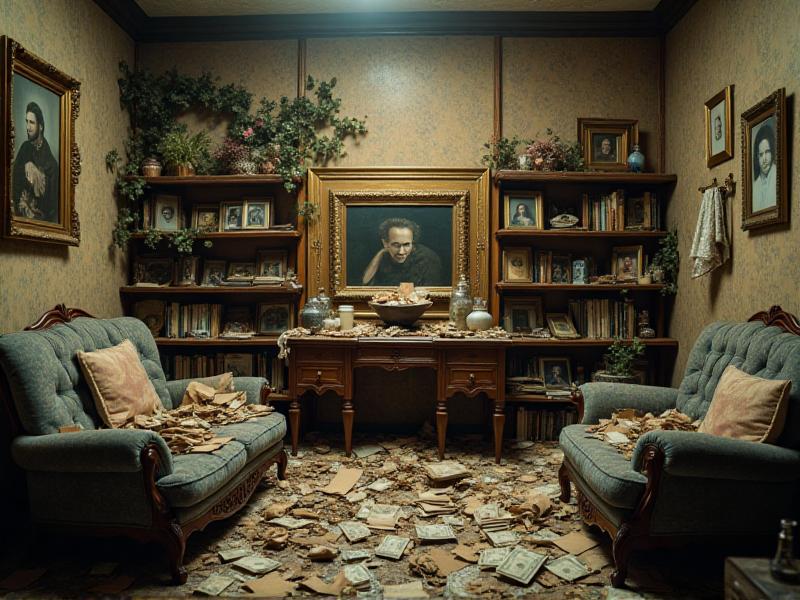 A cluttered Wealth Corner with too many items, including broken decor, old paperwork, and an overflowing bowl of water. The space feels chaotic and unbalanced, with stagnant energy. The image serves as a visual reminder of common mistakes to avoid when setting up a Wealth Corner.