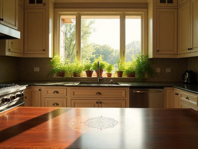 A kitchen with a wooden dining table, stone countertops, and a variety of potted herbs on the windowsill. The space is filled with natural light, and the use of natural materials creates a warm and inviting atmosphere.