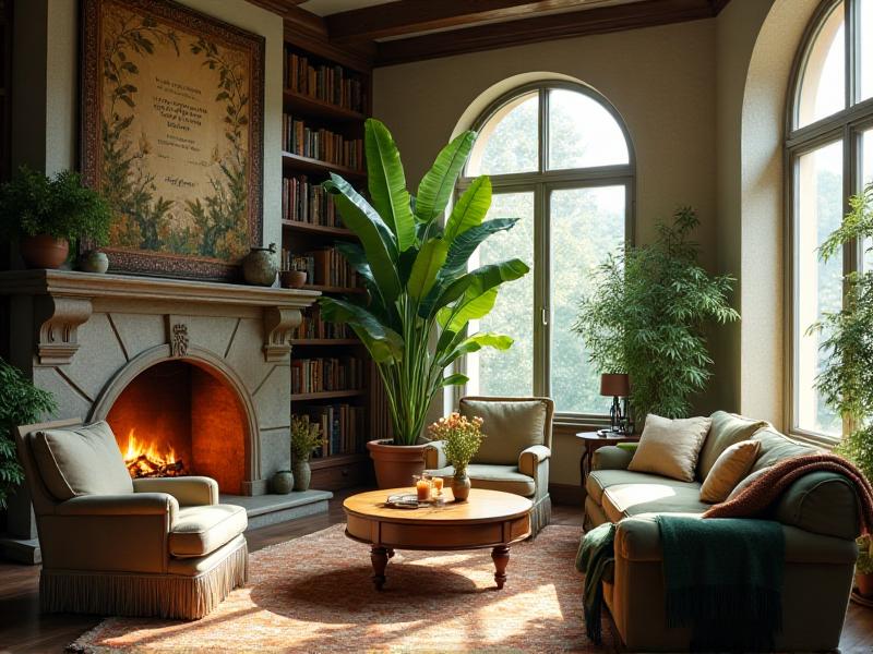 A cozy living room with a large potted plant in the corner, a wooden coffee table, and a stone fireplace. The room has a warm, earthy feel with natural light streaming in through large windows, creating a balanced and harmonious atmosphere.