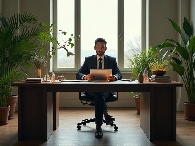 A person sitting at a well-organized desk, surrounded by natural elements, crystals, and a small water fountain. The desk is positioned in the command position, with a clear view of the door. The room is filled with soft, natural light, creating a calm and focused atmosphere. The person appears confident and motivated, ready to tackle their career goals.