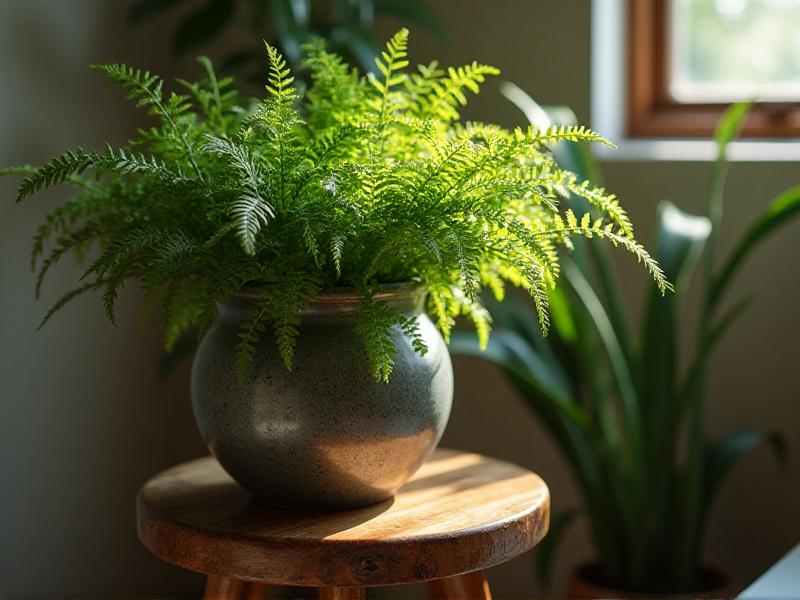 A bathroom corner featuring a lush green fern in a ceramic pot, placed next to a wooden stool. The plant adds a natural element to the space, creating a sense of tranquility and connection to nature.