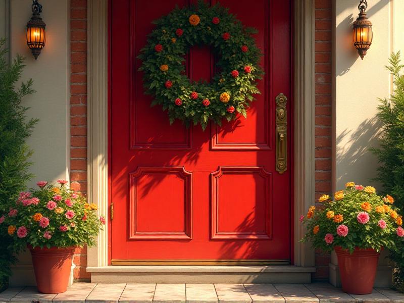 A beautifully maintained front door painted in a deep red, with a brass handle and a wreath of fresh greenery. The door is flanked by two potted plants, and a pathway leads up to it, lined with small lights. The overall mood is warm and inviting, with a focus on strength and stability.