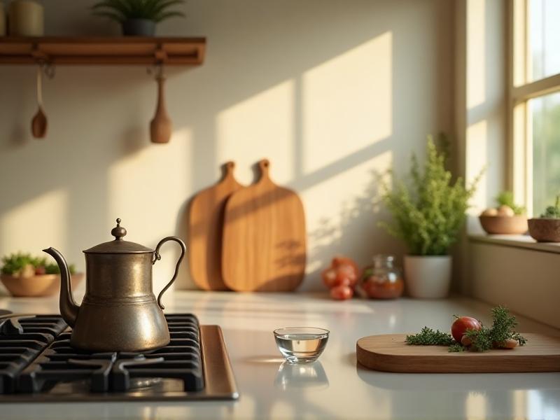 A well-organized kitchen with a clean stove, wooden cutting boards, and a metal kettle. The space is filled with natural light and features a small bowl of water, creating a balanced and harmonious environment.