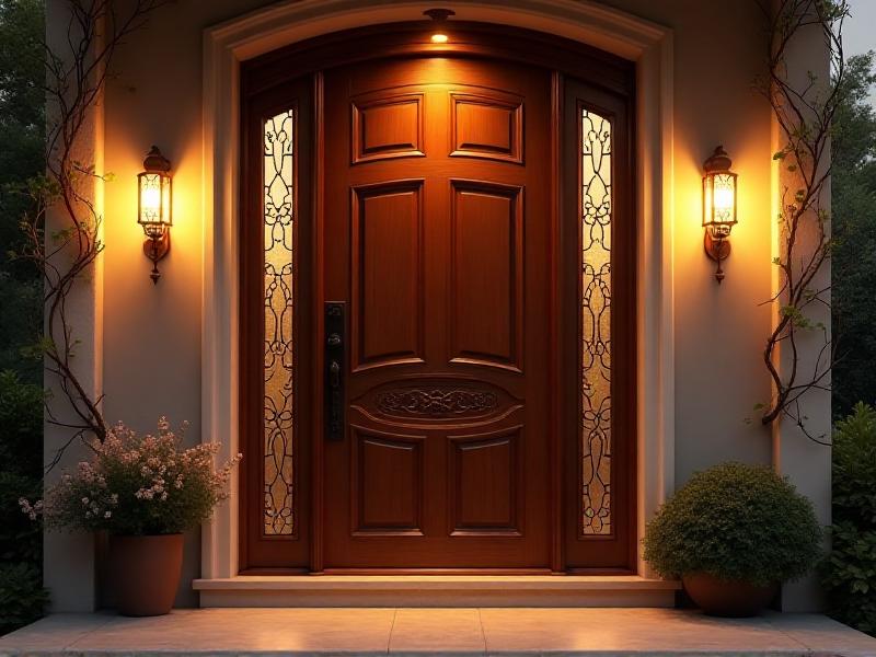 A beautifully lit front door with warm, golden light emanating from wall sconces, creating a welcoming and harmonious entrance in line with Feng Shui principles.