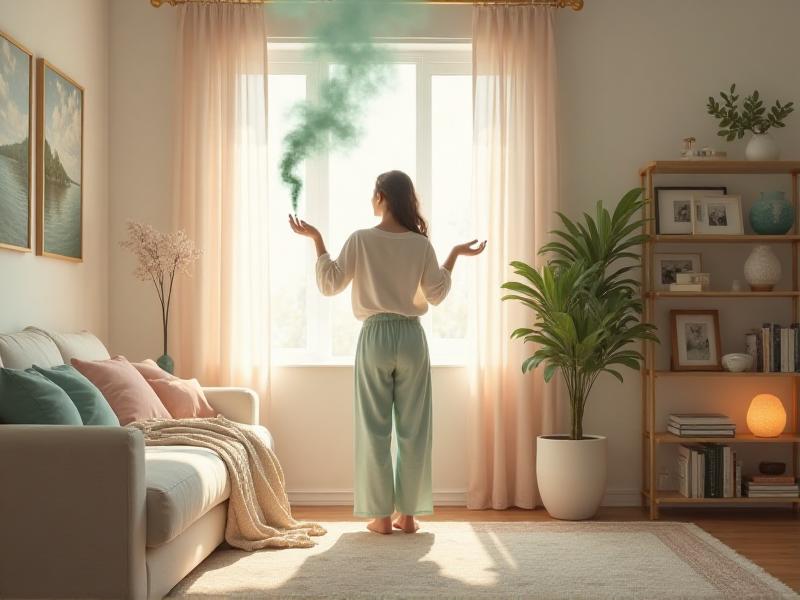 A peaceful living room with a person smudging the space with sage to clear negative energy. The room is filled with soft, calming colors, and personal mementos that bring joy are displayed on the shelves. The overall atmosphere is serene and uplifting, promoting emotional well-being.