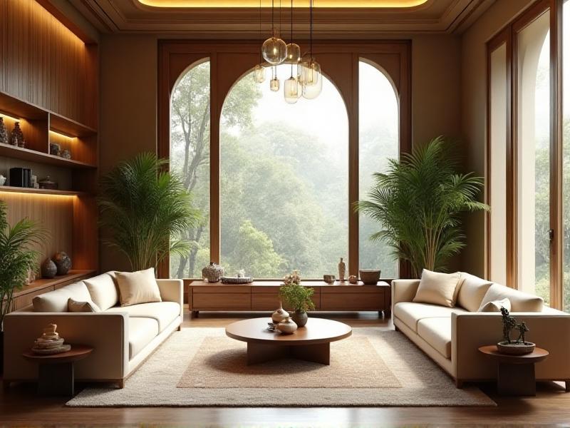 A serene living room designed with Feng Shui principles, featuring a balanced arrangement of furniture, lush green plants, and soft natural lighting that enhances the flow of positive energy.