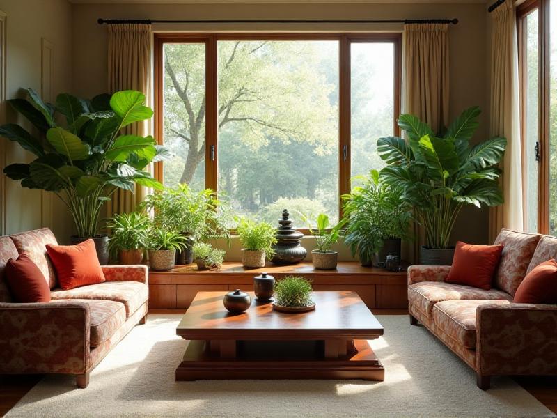 A serene living room with a wooden coffee table, green plants, and red cushions, showcasing the balance of Feng Shui elements. The room is bathed in natural light, creating a warm and inviting atmosphere.