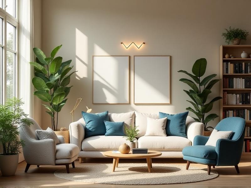 A cozy living room with a balanced color palette of soft beige walls, green plants, and blue throw pillows. The room is illuminated by warm, natural light, creating a harmonious and inviting atmosphere.