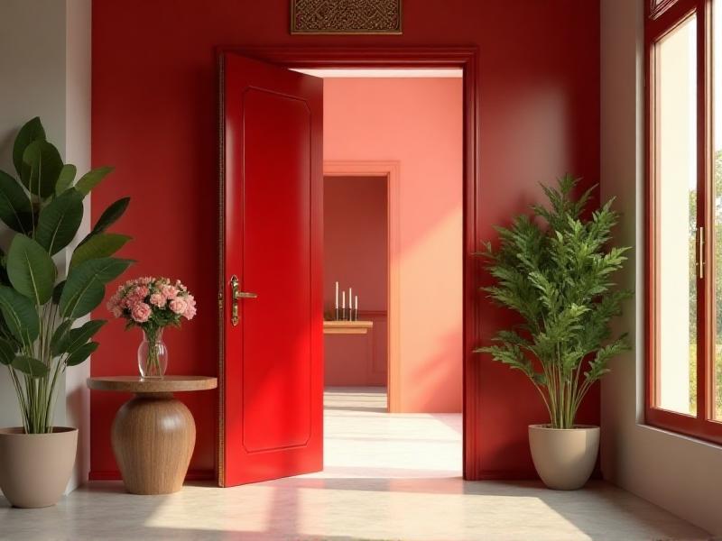 A welcoming entryway designed with Feng Shui principles, featuring a bright red door, a potted plant, and a small table with a vase of fresh flowers. The space is well-lit and clutter-free, creating a warm and inviting atmosphere.