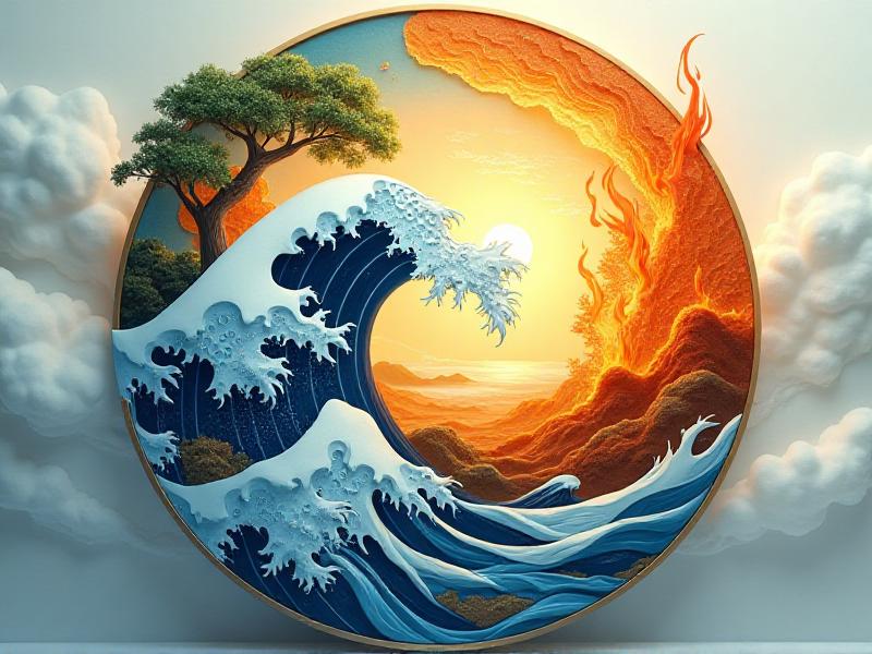 A circular diagram representing the Five Elements of Feng Shui, with water depicted as a flowing blue wave. The diagram shows the interactions between water, wood, fire, earth, and metal, illustrating the dynamic balance of energy in Feng Shui.