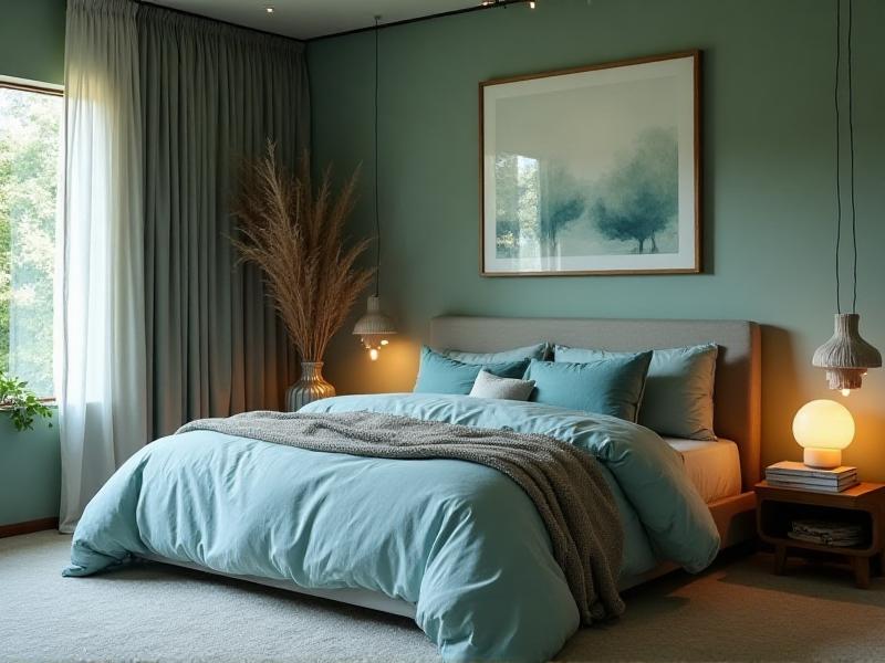 A serene bedroom with a neatly made bed in the command position, soft blue and green decor, and minimal clutter. Soft lighting and a few carefully chosen decor items create a calming and restful atmosphere, perfect for promoting restful sleep.